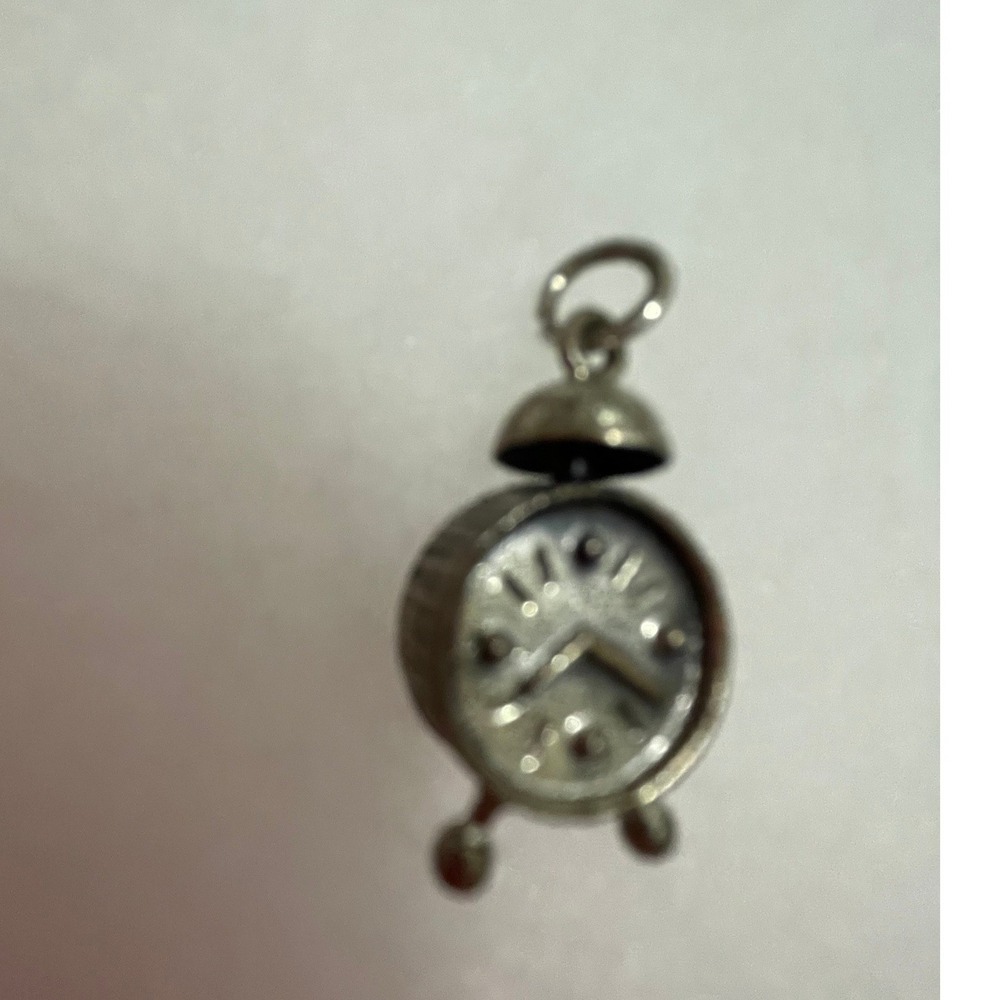 Vintage Sterling Silver Alarm Clock Charm 925 Miniature Timepiece Pendant#758